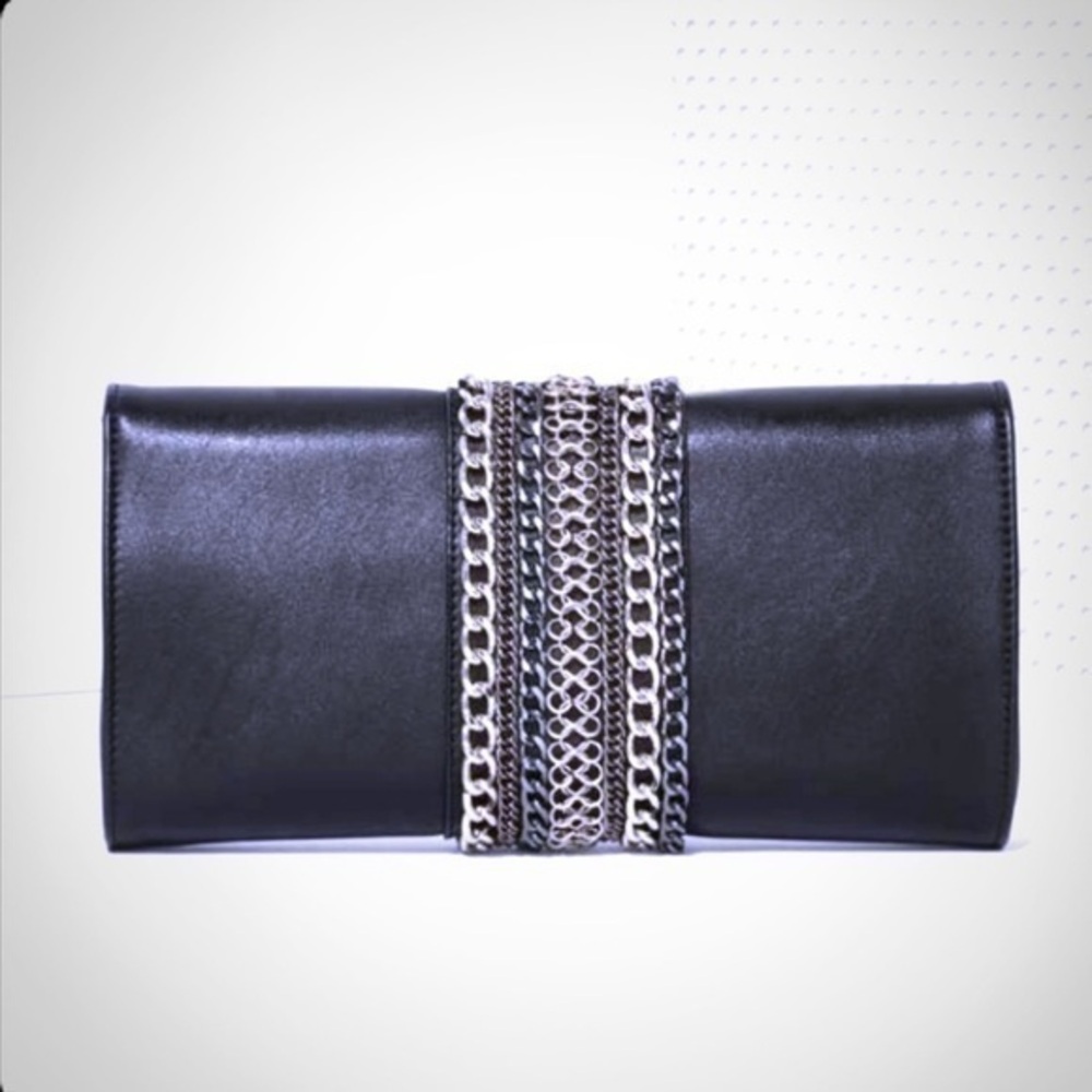 NILA ANTHONY black clutch handbag with chain link detail
